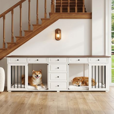 Meuble cage pour chien 200x60x85 cm en MDF et métal blanc, avec rangement pour salon FloraGrace (1/5)