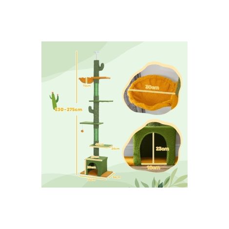 Arbre à chat haut plafond, 230-275 cm avec cabane, poteaux à griffer, balle de jeu, meuble chat avec protection anti-basculement, Vert (1/5)
