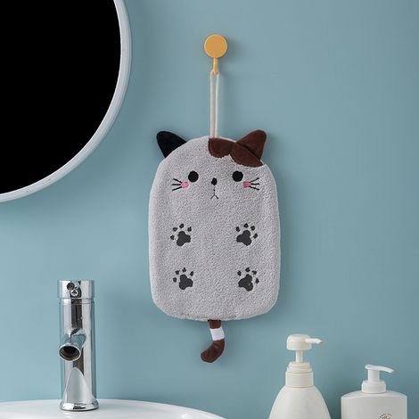 1 Pcs Super Absorbant Type Suspendu Chat Brodé Towelette Home Decora Double Usage Coral Velvet Main Serviette Salle De Bains Fournitures(gris) (1/4)