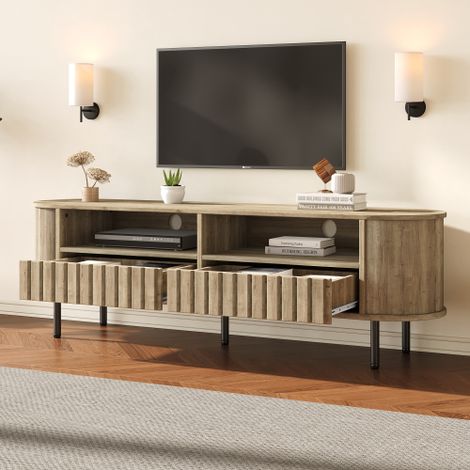 Meuble TV / Buffet bas — Unité de rangement pour salon (avec deux tiroirs)  Finition aspect bois naturel  Structure en MDF  Console TV  Support à 5 pieds  Adapté aux téléviseurs de 65 pouces