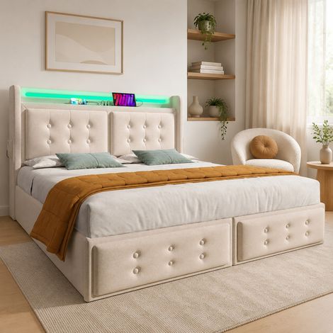 Bettgestell 140x200 cm Beige aus Baumwoll-Leinen mit LED-Beleuchtung, Ladefunktion und 4 Schubladen (1/5)