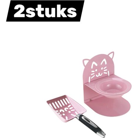 Ensemble de 2 pièces - Gamelle + pelle à déjections - Antidérapant - Gamelle surélevée - Kit d'hygiène multifonctionnel - Kit de soin pour animaux - Rose (1/4)