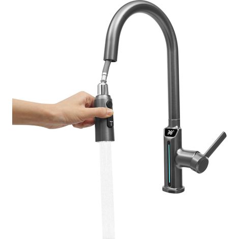 Robinet de cuisine avec douchette extensible (40 cm), pivotant à 360° pour eau chaude et froide, indicateur de température LED, mitigeur monocommande pour cuisine, salle de bain (gris) (1/5)