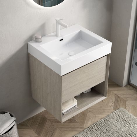 Meuble vasque mural de 55 cm avec vasque rectangulaire blanche intégrée en résine, caisson en contreplaqué avec un tiroir et une étagère ouverte, pré-assemblé, coloris chêne clair.