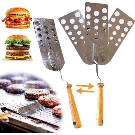 Plateau tournant robuste pour barbecue avec manche en bois - Spatule de cuisson en acier inoxydable avec racleur extensible à 3 lames pour la cuisson en extérieur (1/5)