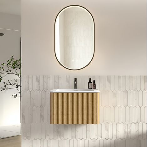 Mobile bagno sospeso con specchio LED, lavabo integrato in pietra artificiale, finitura rovere (1/5)