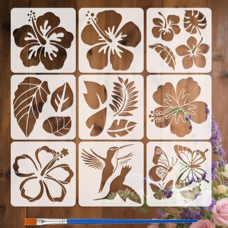 9Pcs Pochoirs de Feuilles de Fleurs D'Hibiscus Avec Pinceau 30x30cm Pochoir Feuilles Tropicales Floral Papillons Pochoir à Dessin Réutilisable Modèle Floral Hawaïen pour Bois Mur Tissu (1/5)