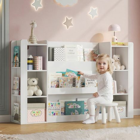 Étagère pour enfants, étagère à livres illustrés avec espace de rangement, armoire et bibliothèque pour enfants, mobilier en bois pour chambres d'enfants, blanc, 140 x 30 x 95 cm