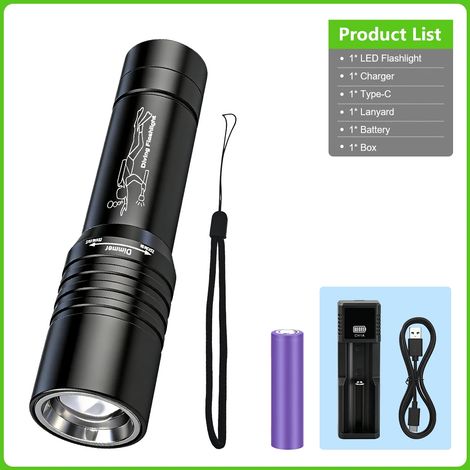 Lampe torche de plongée puissante (avec batterie) IPX8, lampe sous-marine professionnelle, lampe de plongée LED rechargeable USB-C (1/5)