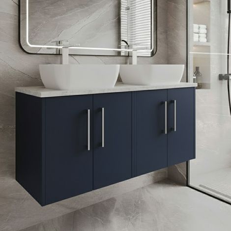 Hudson Reed Juno Wall Hung 4-Door Vanity Unit with Bellato Grey Worktop 1200mm Wide - Midnight Blue (1/4)