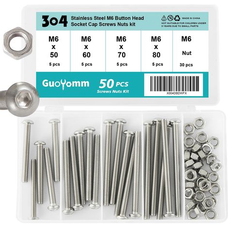 Ensemble de vis M6, 50 pièces de vis à six pans internes à tête bombée, ensemble d'écrous, boulons mécaniques entièrement filetés en acier inoxydable 304 dans une boîte de combinaison (1/5)
