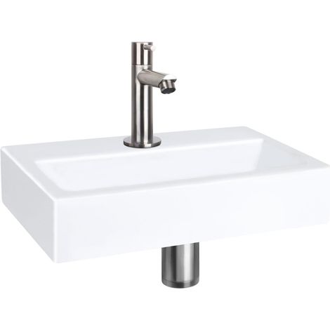 QeramiQ Fuente Pack Lave-mains - 38x7x24cm - 1 trou de robinet - céramique - robinet Inox brossé - Blanc brillant
