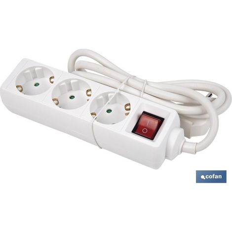 COFAN base múltiple 3t. 1,4m cable c/int. (16a-250v) , Base eléctrica Múltiple con tres tomas y conmutador luminoso. Regleta electrica con tres enchufes y cable de 3 x 1,5mm. Ladró (1/4)