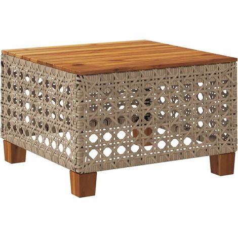 Table de jardin beige, mesurant 55x55x36 cm, en résine tressée et bois d'acacia. (1/5)