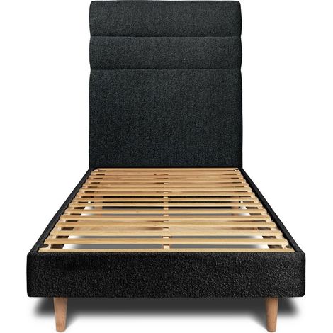 Lit 90x200cm avec tête de lit lignes bouclette et sommier kit Noir - Hauteur totale : 29cm (1/5)