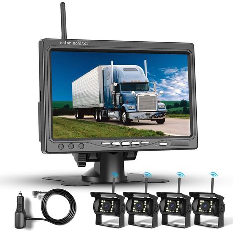 Kit de Quatre caméras arrière sans Fil 1080P HD, écran LCD 7 Pouces avec 4 caméras de recul pour remorque Camper Camion Voiture Bus, DIY Guide Lines, IP68 Waterproof, Night Vision, 12V-36V (1/5)