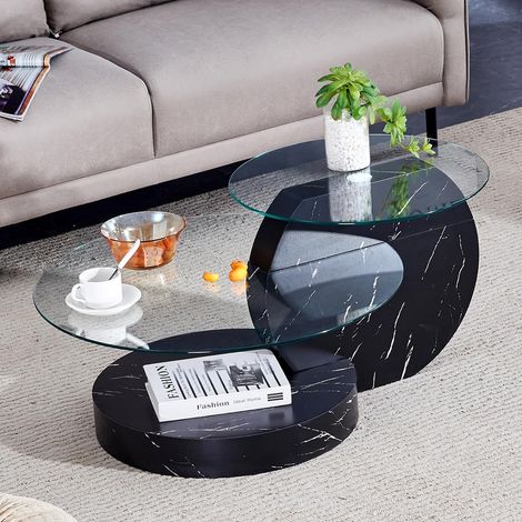 Table basse minimaliste moderne – Deux niveaux en verre de haute qualité, finitions texturées noires – Élégance sobre et moderne (1/5)