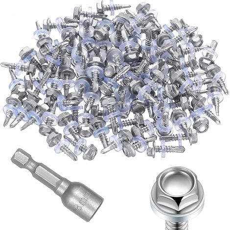 Lot de 100 vis auto-taraudeuses en acier inoxydable 401 avec joint d'étanchéité M4,8 x 19 mm Vis auto-taraudeuses hexagonales Vis de toit en métal avec clé à douille de 8 mm (1/5)