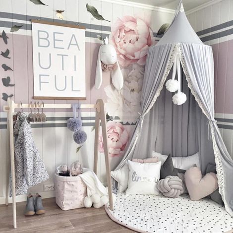 Moustiquaire de lit en dentelle décorative grise pour chambre d'enfant (1/5)