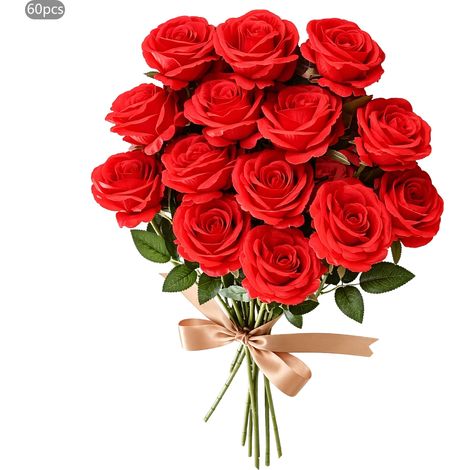 Lot de 60 Fleurs de roses artificielles rouge, roses en tissu soie, faux bouquet floraux pour décoration mariage, centre de table, maison et fête (1/5)