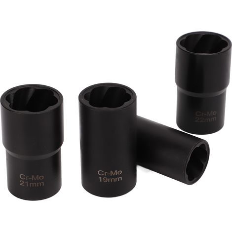 Ensemble de 5 extracteurs d'écrous de roue, douilles hélicoïdales en acier au carbone, entraînement 1/2 pouce, dimensions métriques 17, 19, 21 et 22 mm. (1/5)