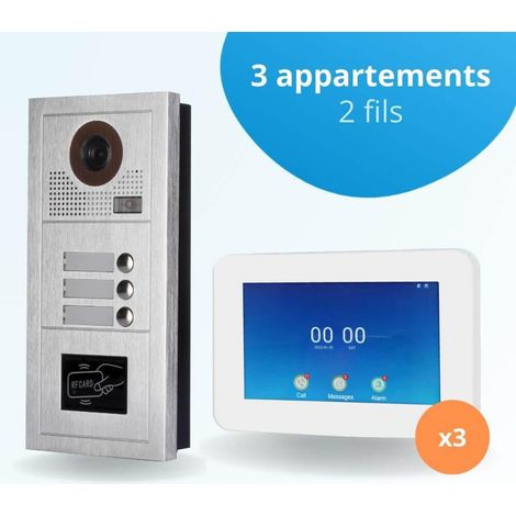 Portier interphone vidéo MODERN 2 Fils - 3 appartements - 3 écrans tactiles connectés 7" blanc - avec lecteur de badge (1/4)