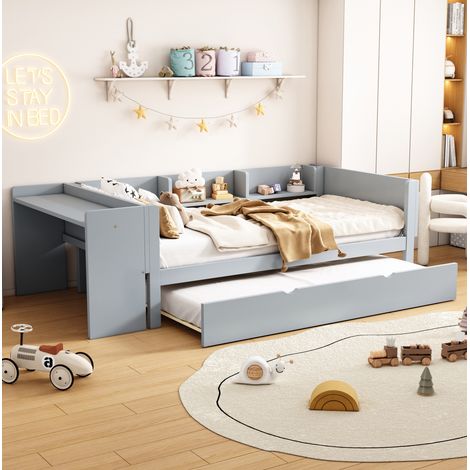 DESVIAE Lit enfant 90 x 200 cm avec lit gigogne bureau intégré et trois étagères latérales en pin et MDF gris (1/5)