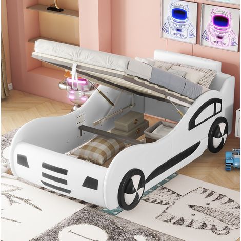 Bett Kinderbett im Auto-Design 90x200 cm, MDF und PU in Weiß, mit Kopfteil, Lattenrost und Bettkasten mit Hubfunktion (1/5)