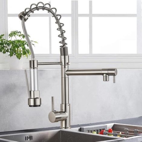 1 Robinet de cuisine,avec douchette,pivotant à 360°,2 modes de pulvérisation,laiton,nickel brossé,pour évier