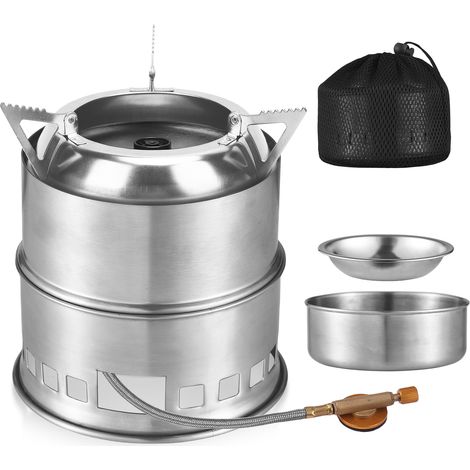 Réchaud de camping 3 en 1 portable en acier inoxydable, léger, fonctionnant au bois, au gaz ou aux combustibles solides, idéal pour la cuisine en plein air, les pique-niques et les barbecues. (1/5)