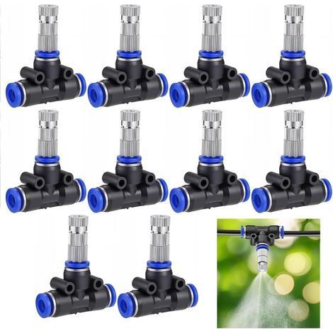 10 buses en laiton avec connecteur en T de 6 mm - buses à micro-gouttes - buses de jardin pour systèmes de refroidissement et de brumisation extérieurs (1/5)