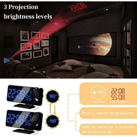QORVA-Reveil Projecteur avec Radio, Horloge Numérique, Réveil avec Port de USB, 3 Niveaux de Luminosité Réglables, Snooze et 15 Niveaux de Volume, 12/24h, pour Chambre, Maison, Bureau