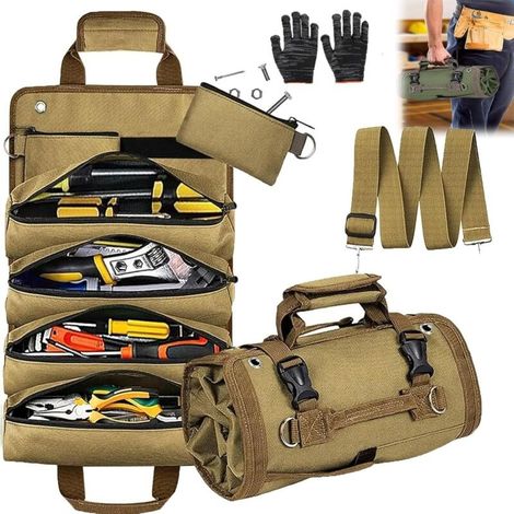 Sac de rangement pour outils, organiseur robuste enroulable avec pochettes amovibles, sac de rangement pliable et portable pour mécanicien et bricoleur, vert,Brown (1/5)