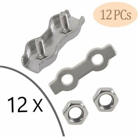 Serre-Câble Acier 3mm, 12 Pièces, Duplex, Pince Câble Inoxydable 304, Poignées Câble Métallique, Corde à Linge (1/4)
