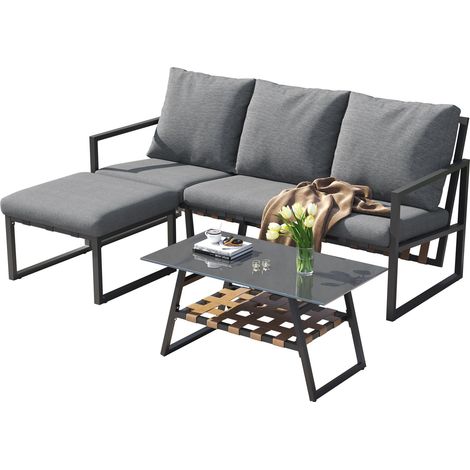 Ensemble de mobilier de jardin d’angle, canapé + table basse + pouf, tube en acier galvanisé, plateau en verre, adapté aux jardins, piscines et autres espaces extérieurs, gris