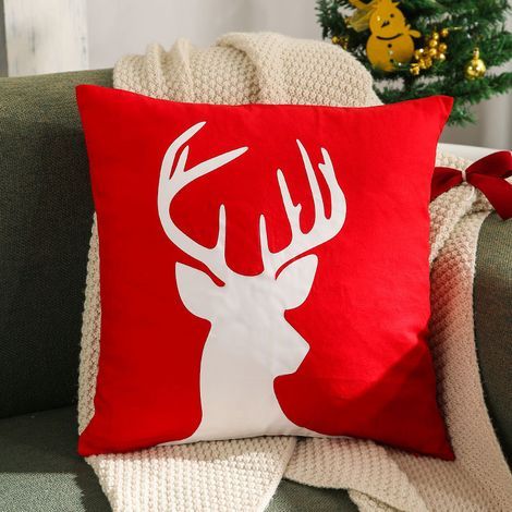 Housse de coussin renne rouge de Noël, 45 x 45 cm, en velours, sans garniture. (1/5)