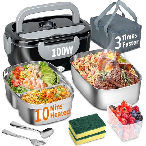 100W Electric Heated Lunch Box - 3 in 1 Fast Heating Lunch Boxes Portable Adult Lunch Boxes 12V/24V/220V with 2 Packs Containers(Single (1/5)