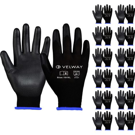 Velway Gants Travail 12 Paires - Revêtement PU Antidérapant Jardinage Bricolage -Noir Taille 10 (1/5)