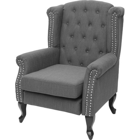 Poltrona stile vittoriano elegante Chesterfield tessuto, grigio scuro senza poggiapiedi