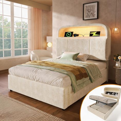 Cadre de lit beige en velours 211 x 95 x 110 cm (1/5)