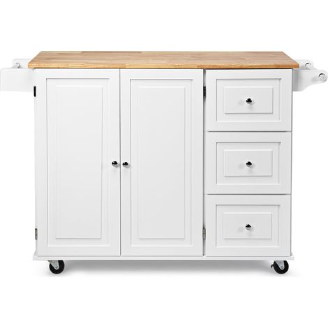 Carrello da cucina su ruote 136 x 76 x 91 cm con pratico vano portaoggetti e piano di lavoro ribaltabile in MDF bianco 200011650