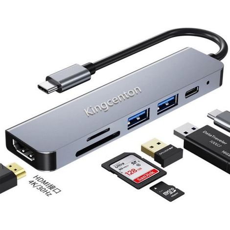 Adaptateur USB C, Kingcenton Hub USB-C HDMI 6 en 1 pour MacBook Air Laptop (1HDMI,1PD,1SD et Micro SD/TF,2 USB 3.0 Ports)-Gris (1/4)