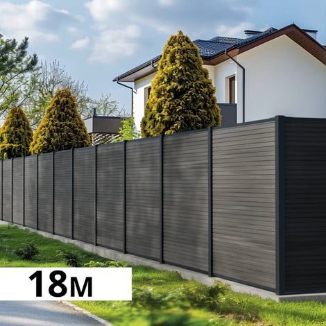 Kit Clôture Bois Composite Ardoise 18x1,8m SANTOS - Poteaux en Aluminium Gris - Brise Vue - Palissade