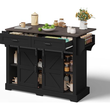 Îlot de cuisine avec plan de travail rabattable, desserte sur roulettes, meuble style grange avec 2 portes coulissantes et 2 tiroirs, noir, armoire de rangement cuisine, 120×45(70)×91 cm