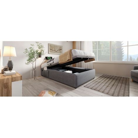 Cama de Almacenaje Individual 90x190 cm, Base de Madera con USB-C, Lino, Gris (1/5)