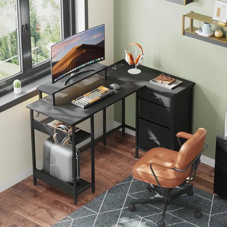 Bureau d'angle en L, dimensions 123 × 80 cm, avec trois tiroirs, port USB et support pour écran, bureau informatique spacieux avec espace de rangement pour bureau à domicile, noir (1/5)