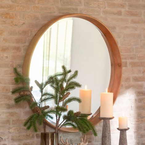 Miroir mural rond 60x8 cm décor bois marron
