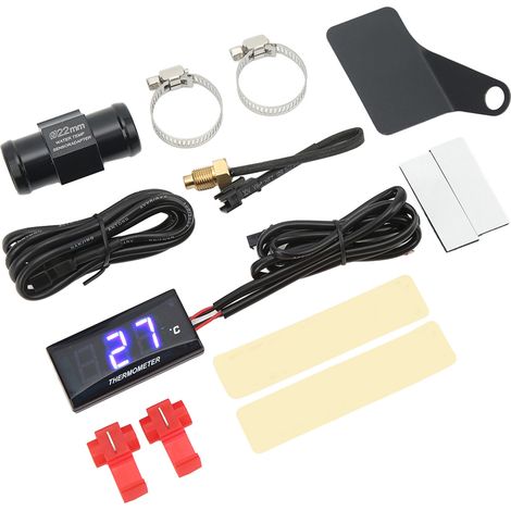 Jauge de température d'eau numérique ultra-mince pour moto, alimentation 12 V CC, écran LCD, adaptateur pour capteur 22 mm, compatible avec la plupart des motos (bleue). (1/5)