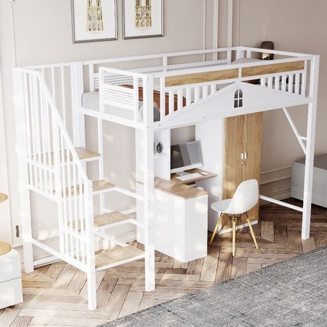 Metall-Hochbett 90x200 cm mit Stauraum und Sicherheitsleiter, platzsparendes Kinderhochbett mit Rausfallschutz und Fenster-Design, Weiß (1/5)