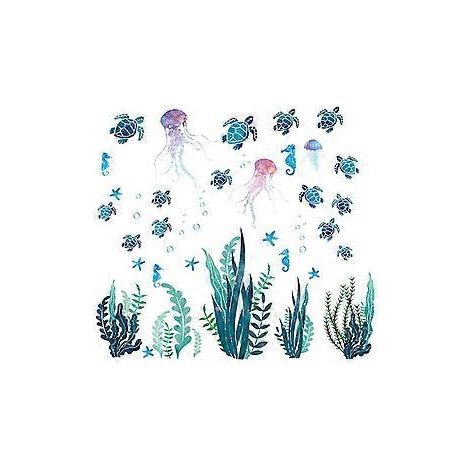 Ein Set aus 3D-Wandtattoos mit Seegras, Unterwasser-Meeresschildkröten, Seegras, Quallen und Fischen – abnehmbare Wandtattoos für Schlafzimmer und Badezimmer